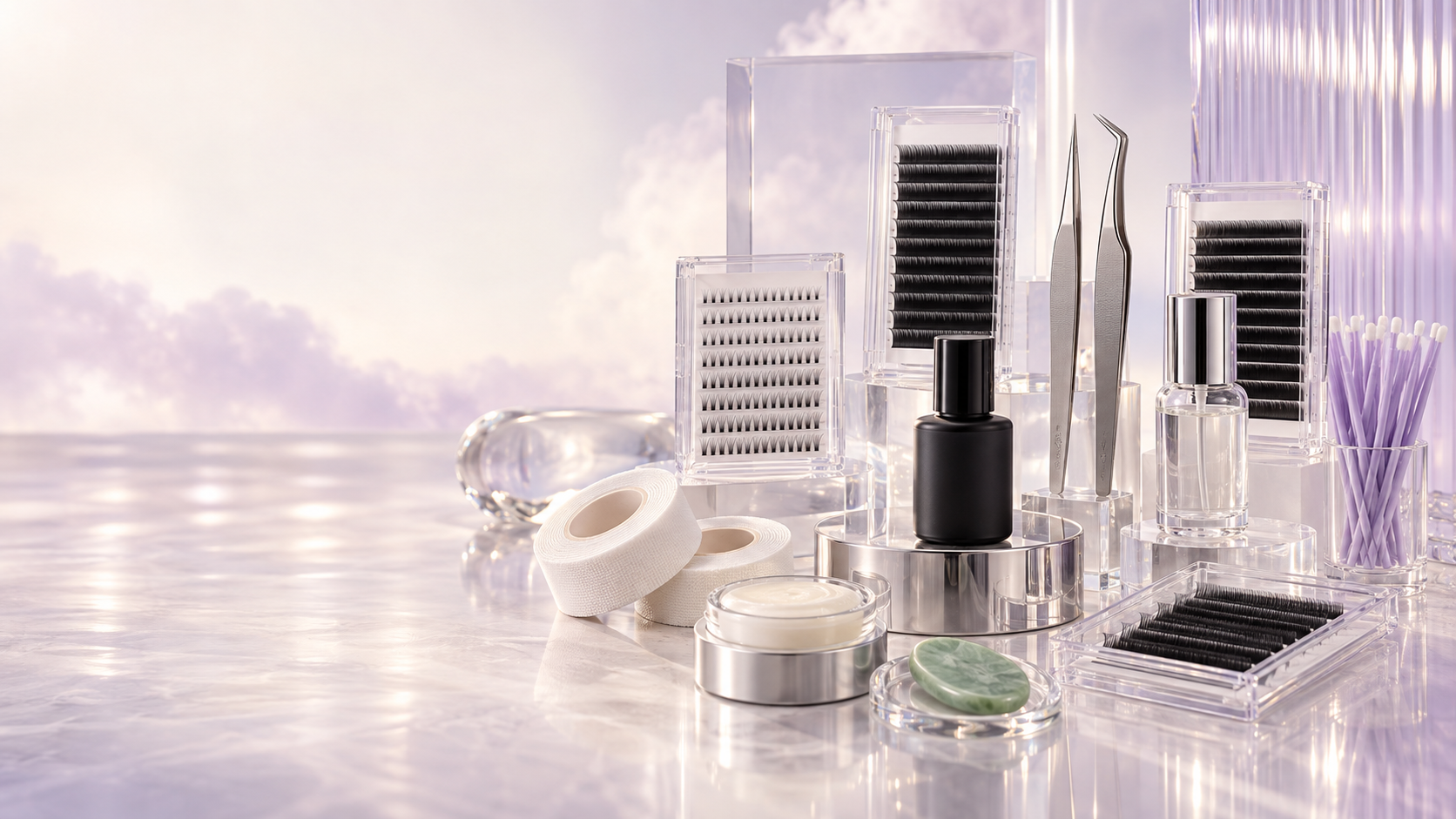 Professional lash trays, premade fans, tweezers, adhesive, remover, tape and applicators on glass risers under lavender clouds