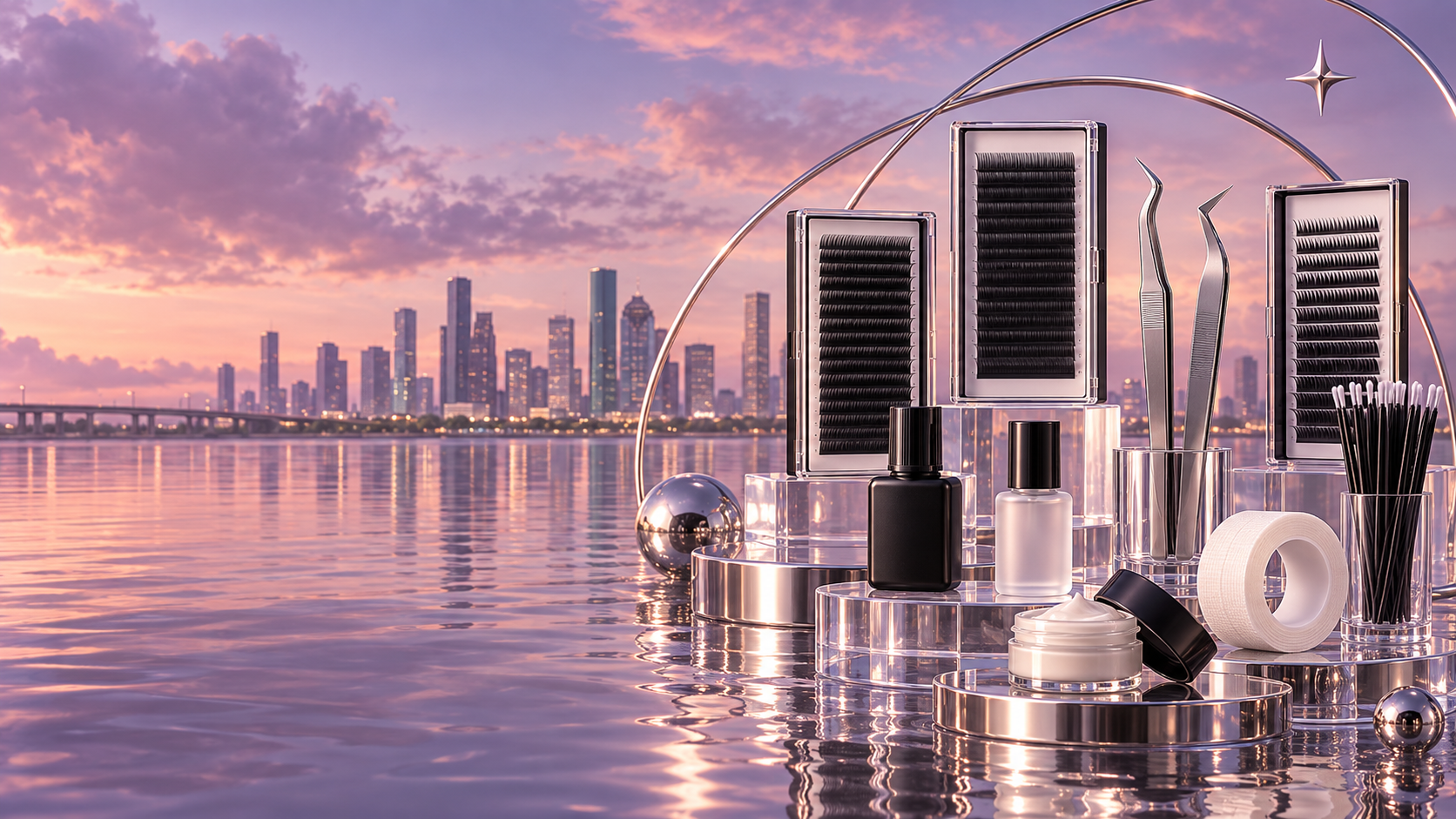 Bayou Edition tools on chrome risers over reflective water at dusk